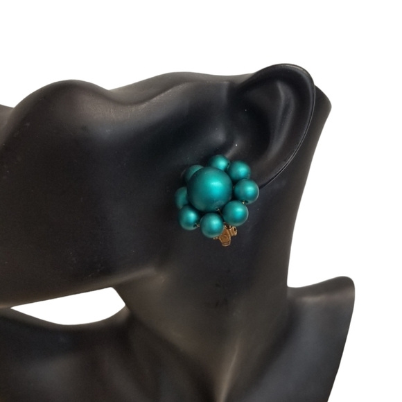 VINTAGE MADE IN JAPAN SATIN TEAL BLUE BEADED CLUSTER CLIP ON EARRINGS - Picture 2 of 5